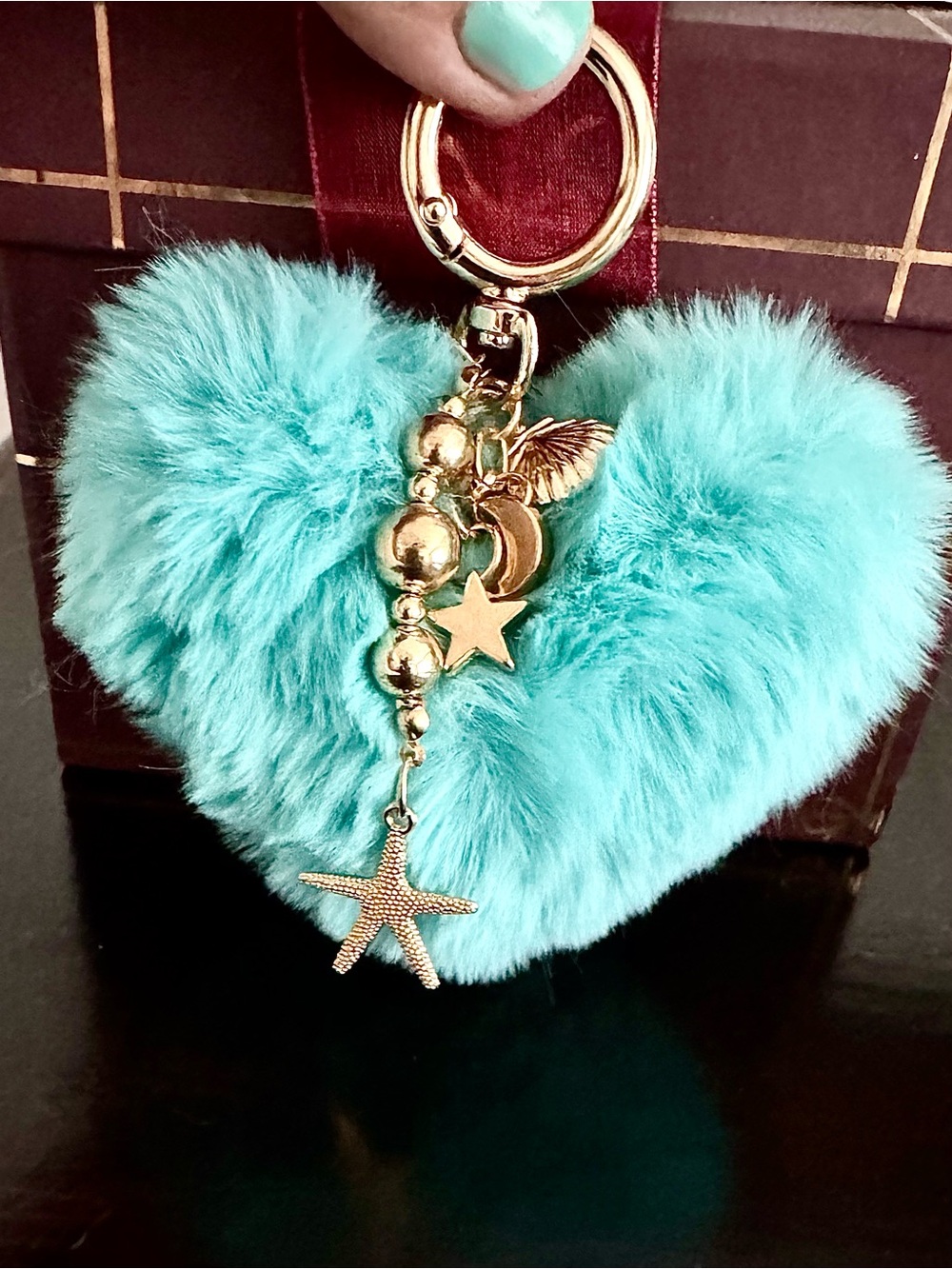 Plush Blue Heart Keychain with Gold Star & Shell Charms